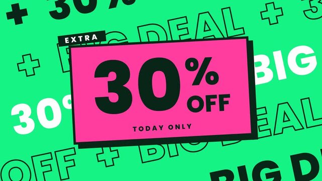 Animated promotional banner showing a thirty percent discount and big deal text for a limited time sale.