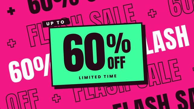 Animated flash sale promotional banner featuring a sixty percent discount offer over a vibrant pink moving background.