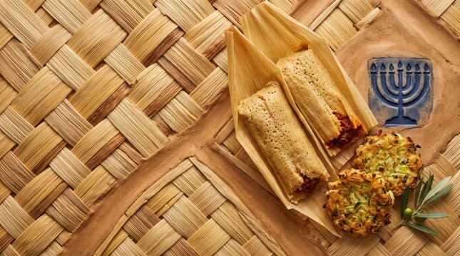 Hanukkah and Christmas Flat Lay Food Copy Space Background Featuring Tamales, Latkes, Olive Branch and Stamped Menorah Motif on Woven Straw Mat Surface