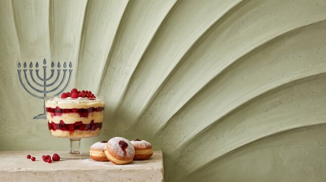 Hanukkah and Christmas Berry Trifle Sufganiyot Copy Space Background with Sculptural Plaster Wall and Drawn Menorah for Interreligious Holiday Festive Table