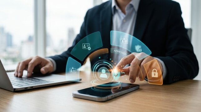 Business professional using a smartphone to access secure digital identity verification and authentication services with holographic interface icons