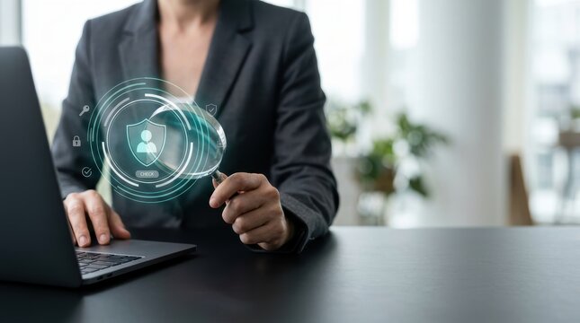 Business professional using a magnifying glass to examine a digital security shield icon with user profile symbol on a laptop screen in a modern office