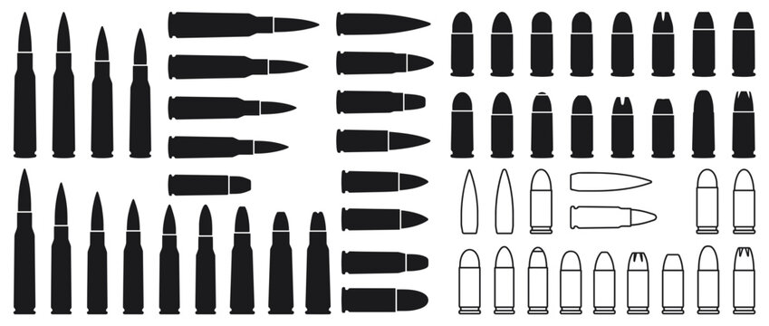 Bullet, cartridge, and shell vector icons. Ammunition types and firearm components. Rifle, pistol, shotgun, handgun, shell casings. Minimalist black and white design for logos, labels, manuals.