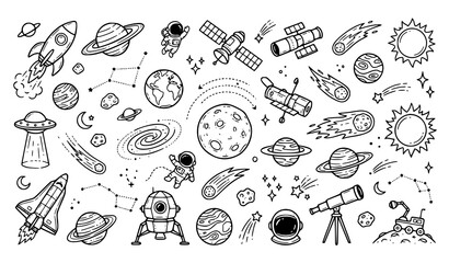 Space and astronomy hand drawn doodle set with rocket, astronaut, planets, satellite, galaxy, comet, UFO, telescope, constellation, and lunar module in black outline vector illustration © MdRimon
