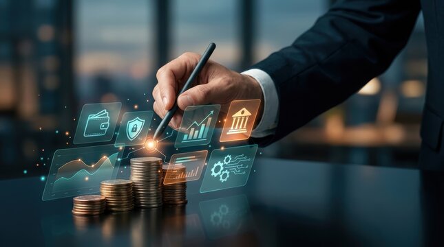 Businessman using a digital pen to interact with financial icons and a stack of coins, representing investment, banking, and financial technology growth