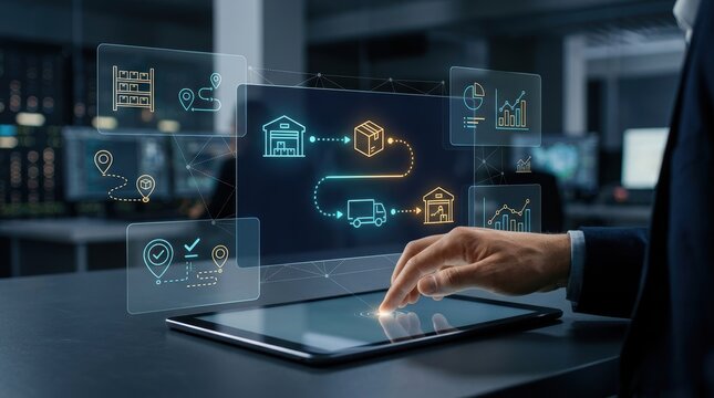 Supply chain management concept with a businessman interacting with a digital interface showing logistics, warehouse, and delivery tracking data
