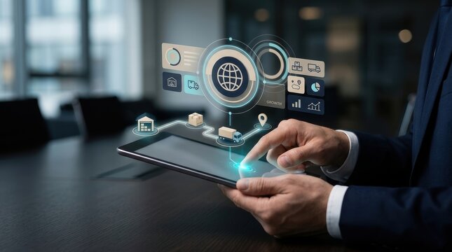 Businessman using a tablet with a digital logistics and supply chain management interface overlay in a modern office setting