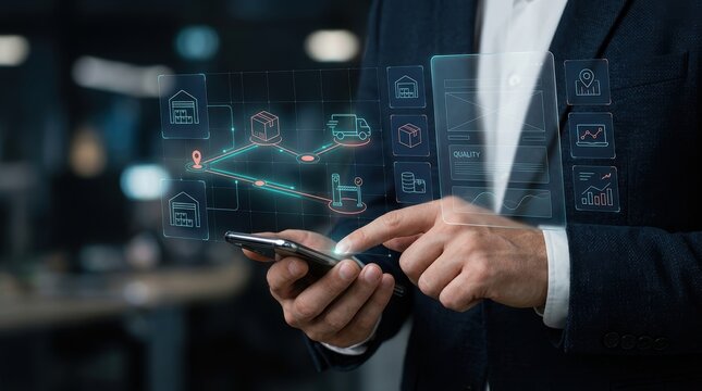 Businessman using a smartphone with a digital holographic interface showing supply chain logistics, warehouse management, and delivery tracking data