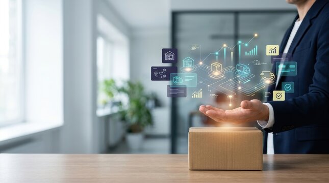 Business professional holding a virtual logistics and supply chain management interface above a cardboard box on a wooden desk in a modern office