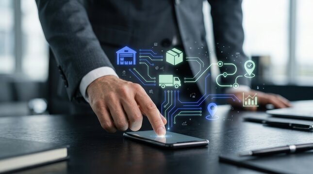 Business professional using a smartphone to manage global supply chain logistics with digital interface icons for shipping, tracking, and warehouse operations