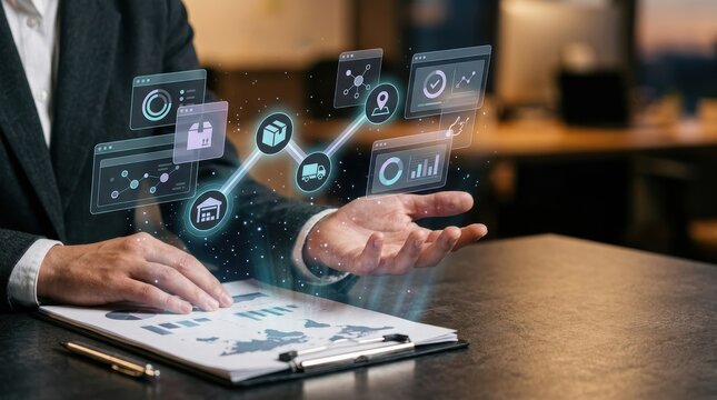 Business professional using digital supply chain management interface with logistics icons and data visualization holograms in a modern office environment