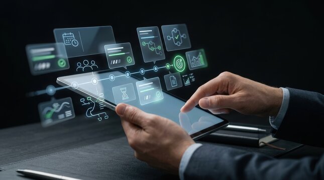 Business professional using a digital tablet with holographic project management interface and data analytics icons for strategic planning and workflow