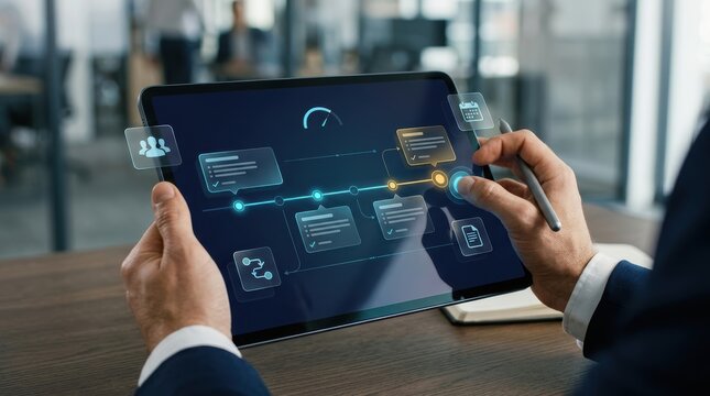Business professional using a tablet to interact with a digital workflow management interface, visualizing project steps, data analytics, and process automation