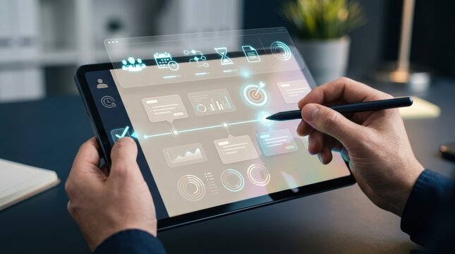 Businessman using a tablet with a digital interface for project management and data analysis, featuring interactive charts and workflow icons