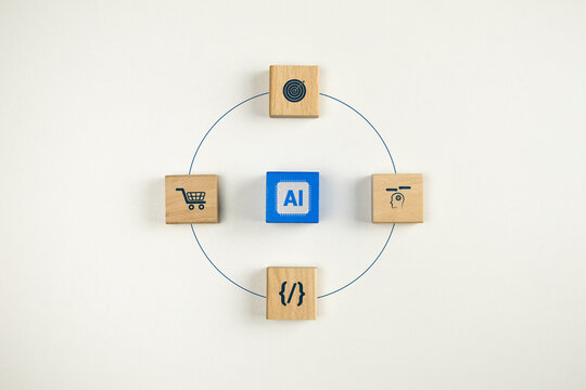 Business innovation with AI agents. Wooden blocks stacked in a circle, featuring icons related to technology and business, represent automation. Achieving established goals.