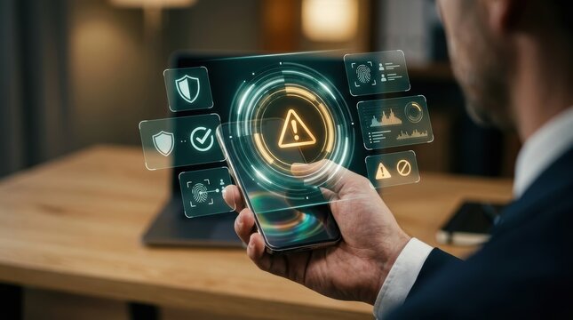 Businessman holding a smartphone with a digital security warning interface and biometric authentication icons in a modern office environment