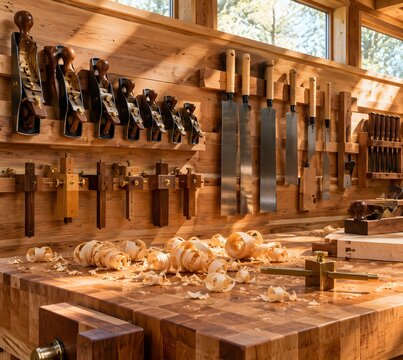 Solid French cleat pine tool wall displaying aligned hand planes Japanese pull saws and timber mortise gauges