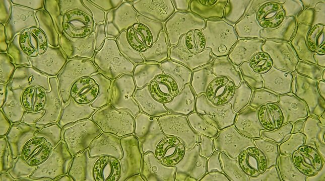 Microscopic view of plant leaf epidermis showing stomata and guard cells