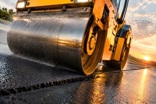 Smooth steel drum of a static tandem road roller compressing hot asphalt mix