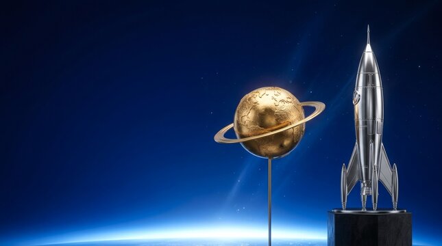 Golden planet model with rings and metallic rocket on display for space exploration and science industry concepts.