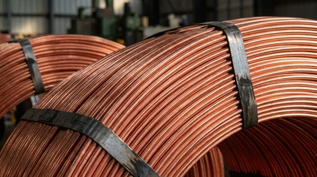 Macro closeup of continuous-cast copper rod coils, featuring bright salmon-pink metallic wire surfaces, machine draw lines, and heavy industrial packaging straps.