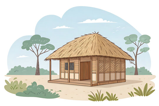 Minimal Indian hut with thatched roof texture