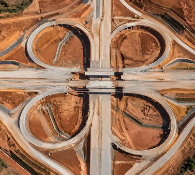 Geometric circular loop alignments and intersecting overpass footings of an unfinished cloverleaf interchange