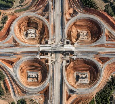 Complete footprint of a future cloverleaf freeway junction showing terraced circular ramps and footing excavations