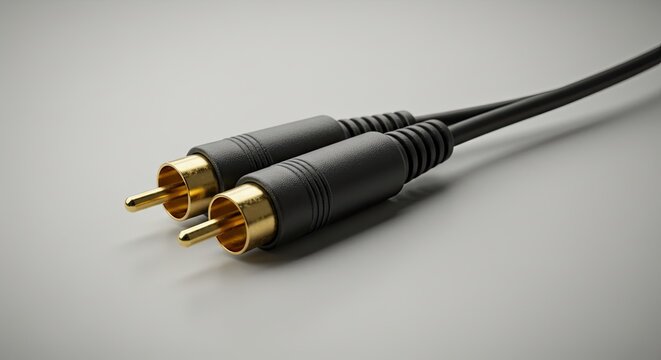 Close up of two gold plated RCA connectors for analog audio and video signal on a neutral background