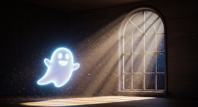 Cute and friendly glowing ghost character floating in a dark room with bright window light rays