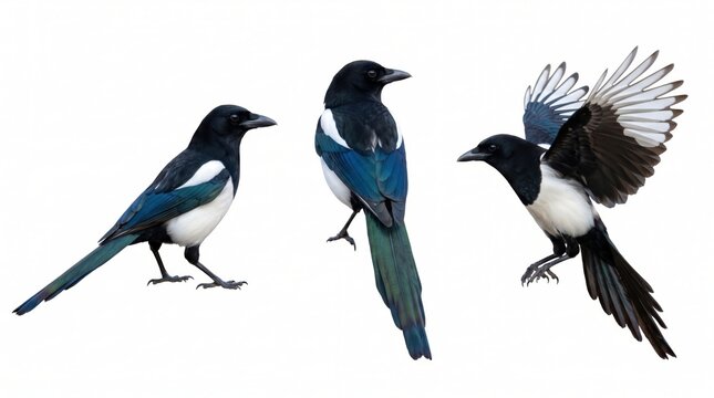 Three eurasian magpies, pica, shown in different poses including standing, perched, and flying, isolated on a plain white background
