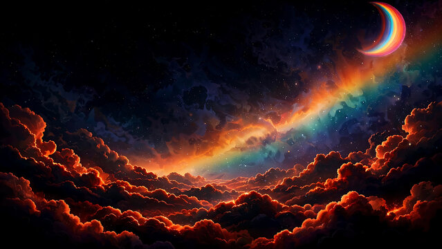 Majestic rainbow moon rising over dramatic cloudy mountain landscape at dusk illustration