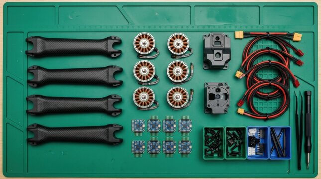 Flat-lay workbench arrangement of quadruped robotics hardware including brushless motor stators, carbon-fiber struts, solid-state lidar sensor, and IMU boards.