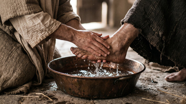 Washing of the Feet: A powerful depiction of humility and service as one figure gently washes the feet of another in a rustic basin filled with water.