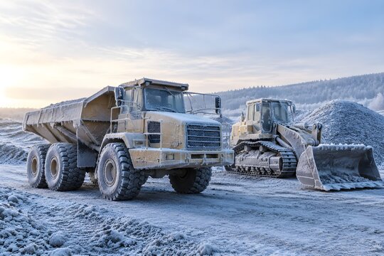 Heavy articulated dump truck and tracked loader coated in a crystalline layer of white frost on dormant highway earthworks