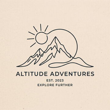 Minimalist continuous line art logo with sun and mountain range for Altitude Adventures outdoor travel brand explore further vintage style