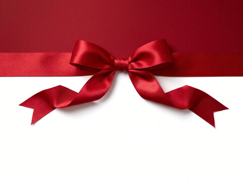 Soft elegant red satin ribbon bow design element isolated on red gradient background
