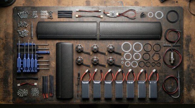 Engineering flat lay of waterproof amphibious drone prototype parts featuring carbon fiber wing spars, brushless motors, silicone O-rings, pressure sensor, and tools on a workbench.