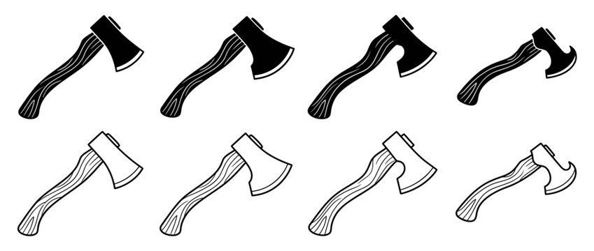 Black and white axe head designs isolated on transparent background. Traditional axe silhouettes and handle variations. Double-bit axe, single-bit axe, splitting axe, tomahawk, fire axe. Minimalist.