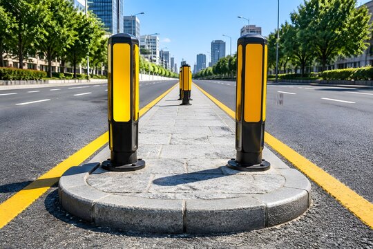 Mid-block pedestrian refuge island paved with coarse granite flagstones and secured by yellow and black rebound bollards