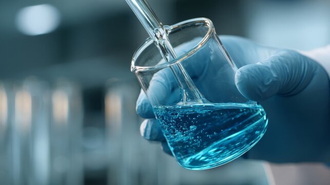 Close-up of gloved hands pouring blue liquid into laboratory glassware, beaker and test tube for medical research, chemical analysis, biology experiments, pharmaceutical testing, biotechnology, and sc