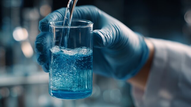 Close-up of gloved hands pouring blue liquid into laboratory glassware, beaker and test tube for medical research, chemical analysis, biology experiments, pharmaceutical testing, biotechnology, and sc