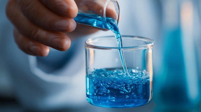 Close-up of gloved hands pouring blue liquid into laboratory glassware, beaker and test tube for medical research, chemical analysis, biology experiments, pharmaceutical testing, biotechnology, and sc