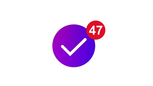Checkmark notification badge with number 47 on purple circle background. Purple circle with white checkmark and red notification badge.