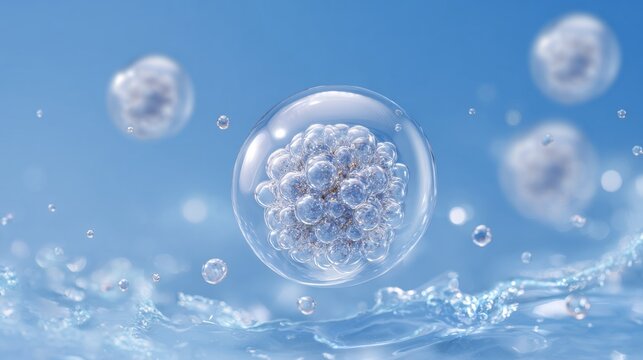 Cosmetic moisturizer water molecule inside a transparent liquid bubble on a blue water background, skincare essence, hydration science, molecular structure, beauty chemistry, cosmetic research, and sc