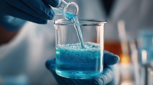 Close-up of gloved hands pouring blue liquid into laboratory glassware, beaker and test tube for medical research, chemical analysis, biology experiments, pharmaceutical testing, biotechnology, and sc