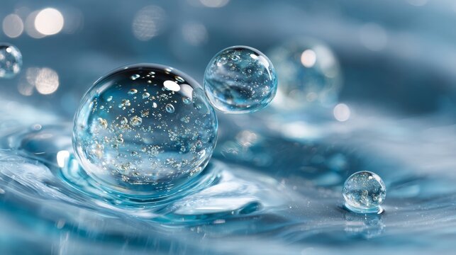 Cosmetic moisturizer water molecule inside a transparent liquid bubble on a blue water background, skincare essence, hydration science, molecular structure, beauty chemistry, cosmetic research, and sc