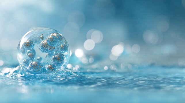 Cosmetic moisturizer water molecule inside a transparent liquid bubble on a blue water background, skincare essence, hydration science, molecular structure, beauty chemistry, cosmetic research, and sc