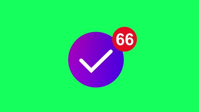 Checkmark notification badge with number 66 on purple circle background. Purple circle with white checkmark and red notification badge.