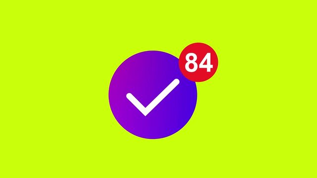 Checkmark notification badge with number 84 on purple circle background. Purple circle with white checkmark and red notification badge.